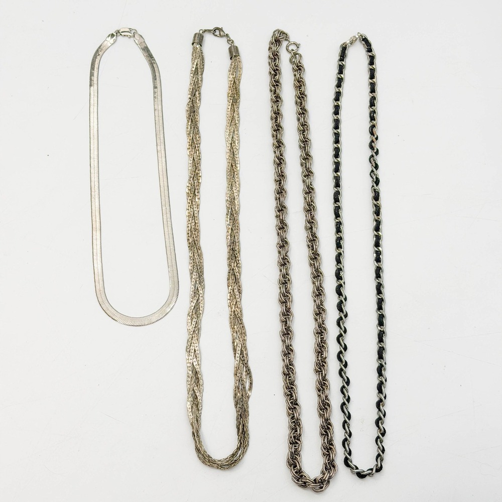 Lot of 4 Silver Tone Necklaces Herringbone Braided Rope & Faux Leather Chain